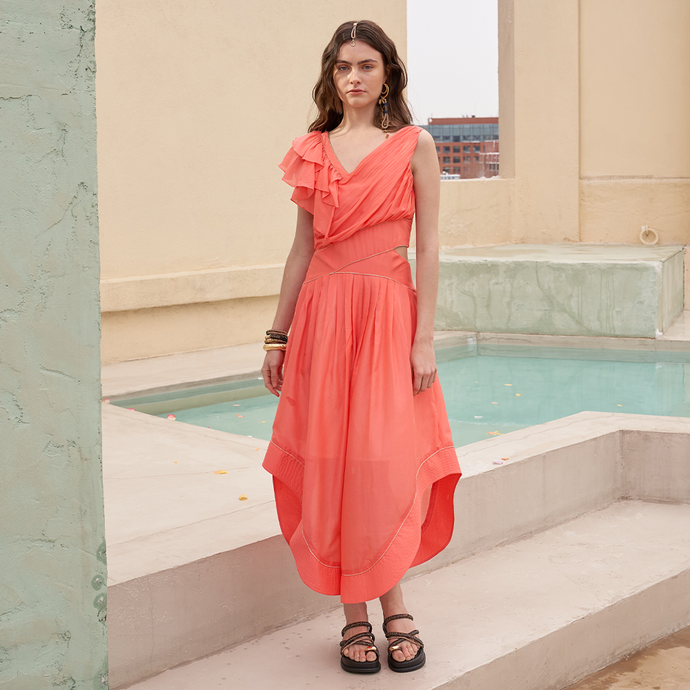 Coral colored silk jumpsuit