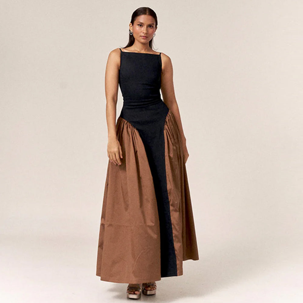 Denim and silk colour block dress with side detail, perfect for events. Shop online from our curated edit of premium fashion.