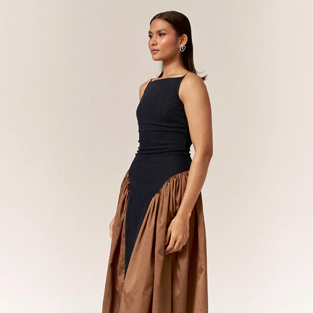Denim and silk colour block dress with side detail, perfect for events. Shop online from our curated edit of premium fashion.