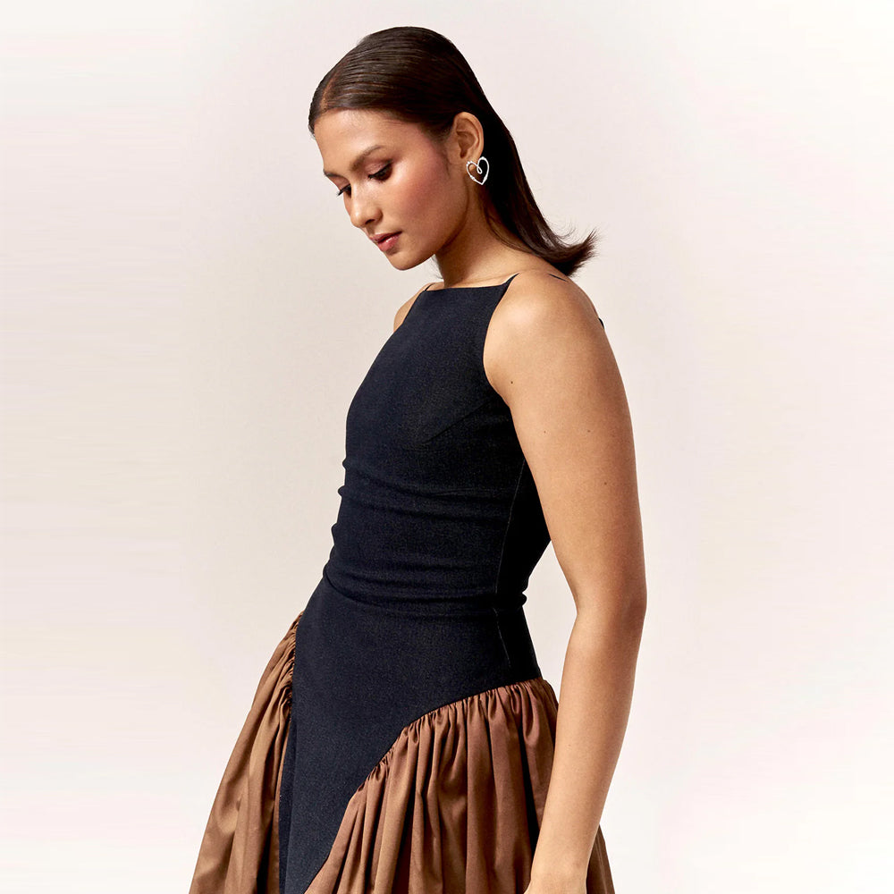 Denim and silk colour block dress with side detail, perfect for events. Shop online from our curated edit of premium fashion.