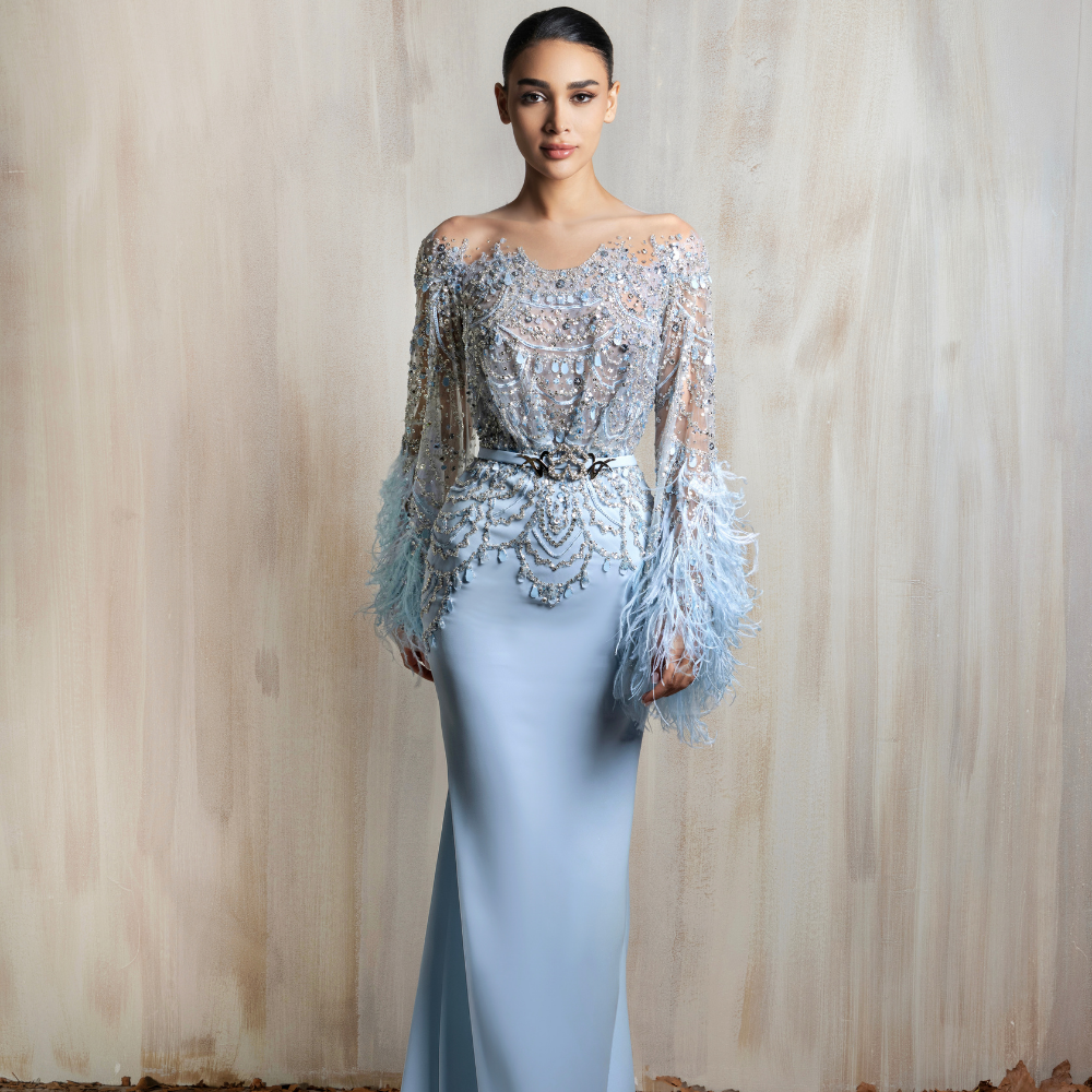 Blue gown with a beaded illusion bodice and feathered sleeves, designed for elegant occasions. Shop now at our exclusive clothing website.