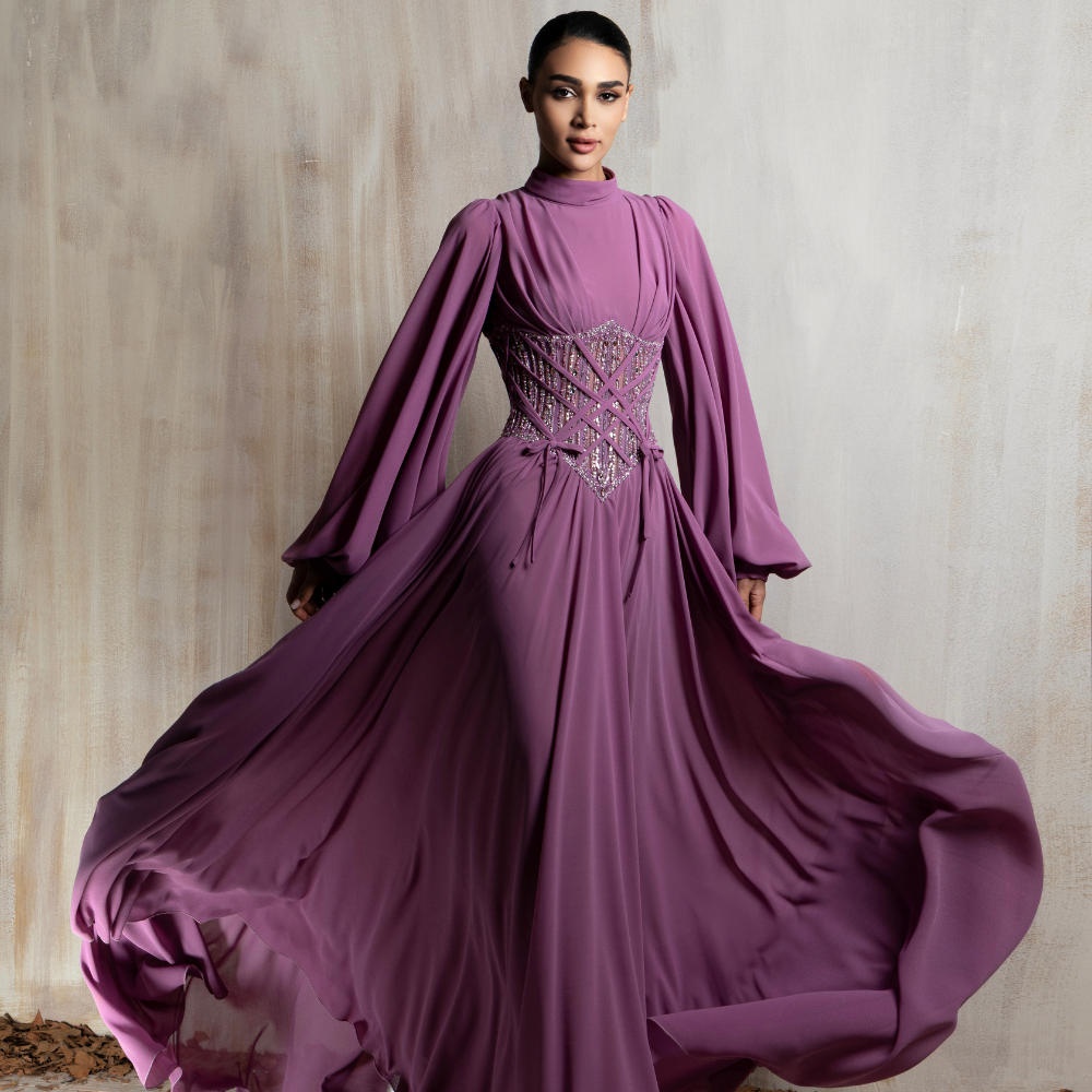 Flowing mauve gown with a sculpted embellished corset, designed for elegant evening wear. Shop now at our exclusive clothing website.