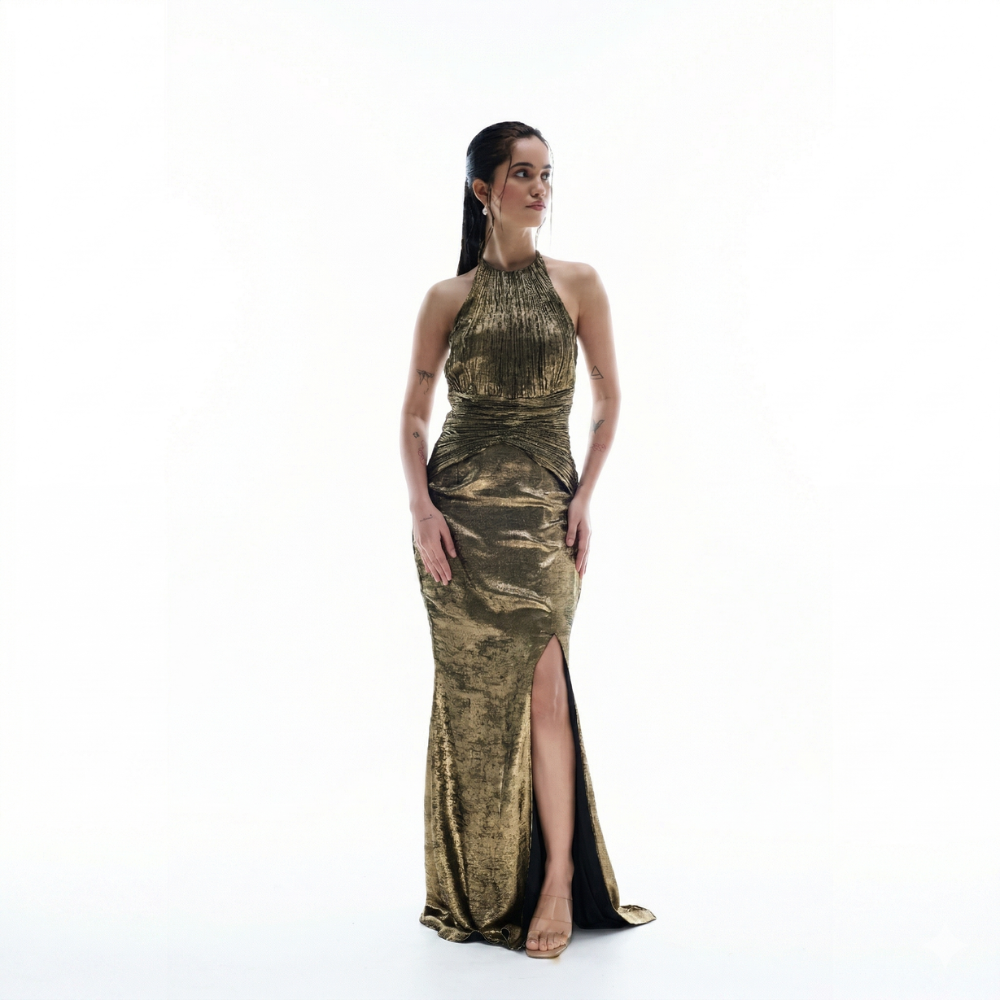Shimmer gold ruched dress with elegant drape detail, perfect for parties and weddings. Shop online from our exclusive collection of premium styles.