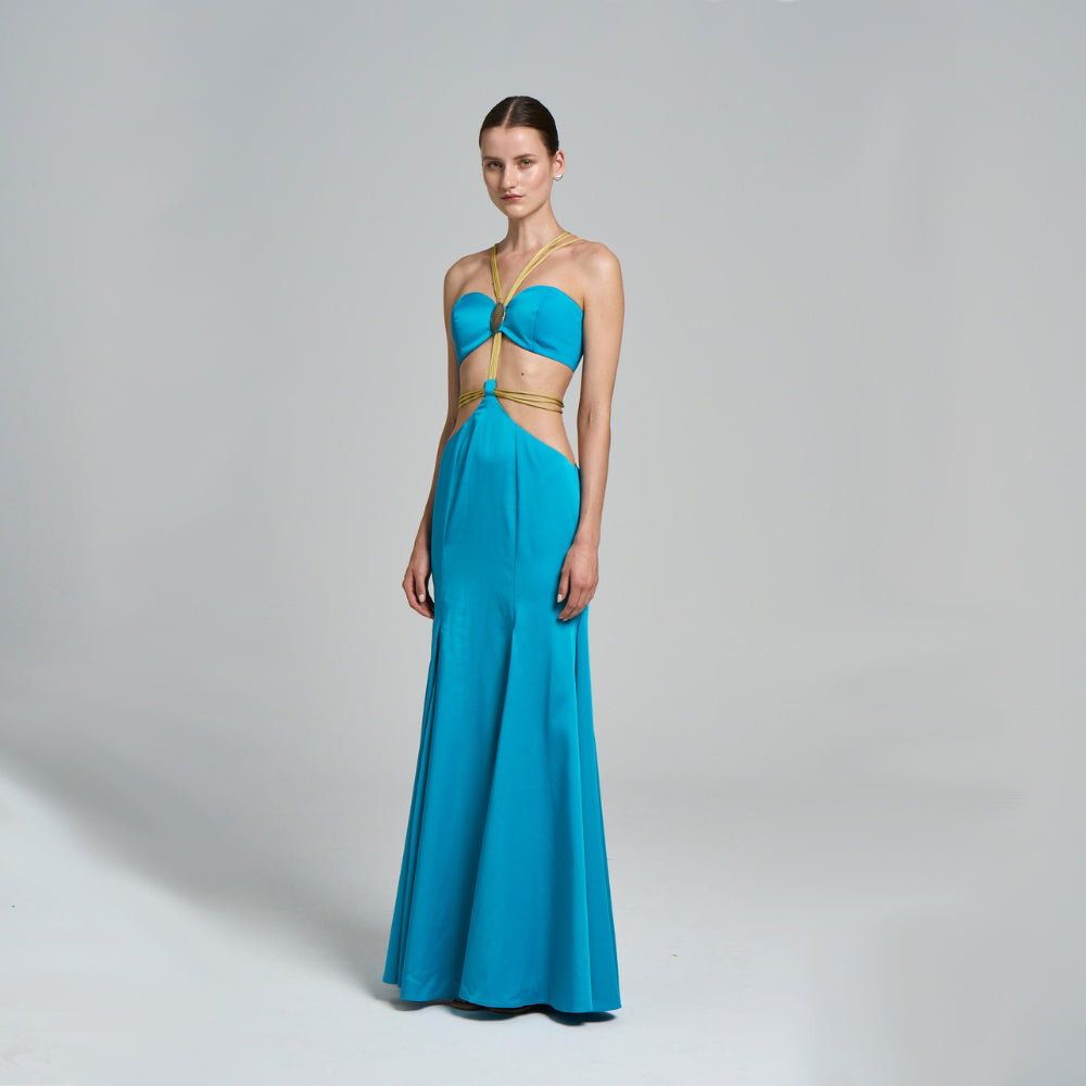 Maxi Evening Dress .Natural stone detail .With suspenders .Pleated .Cut-out detail .Model is: 177 cm, 84 / 63 cm / 93 .