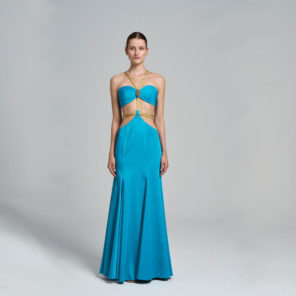 Maxi Evening Dress .Natural stone detail .With suspenders .Pleated .Cut-out detail .Model is: 177 cm, 84 / 63 cm / 93 .