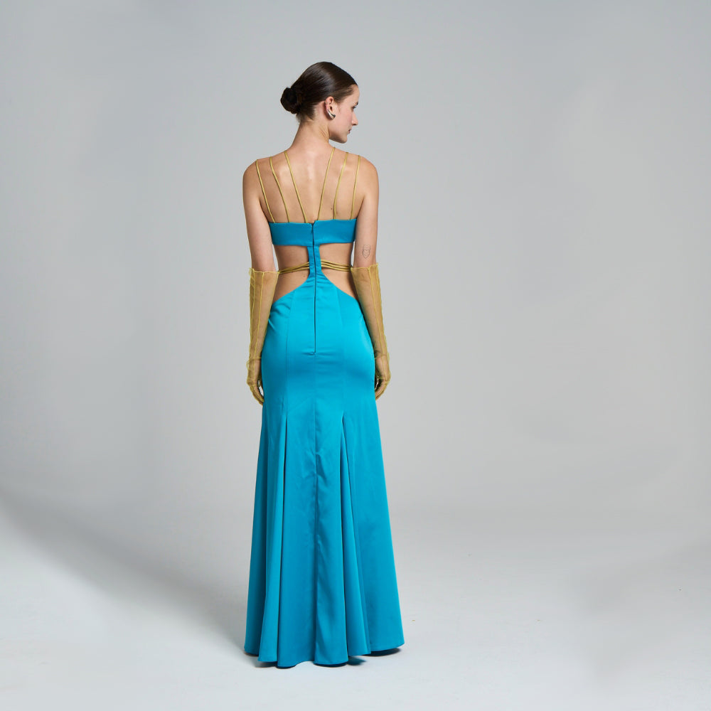 Maxi Evening Dress .Natural stone detail .With suspenders .Pleated .Cut-out detail .Model is: 177 cm, 84 / 63 cm / 93 .