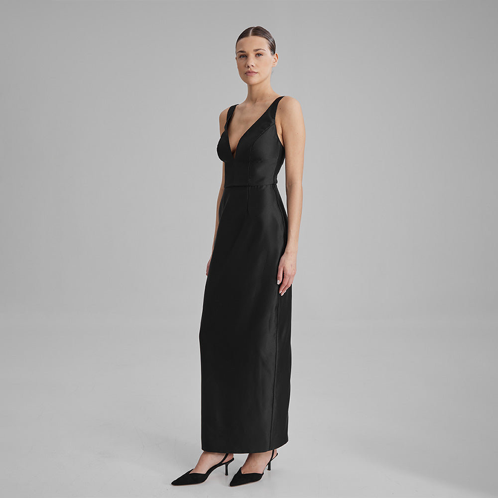 Black column silhouette dress made from Mikado, features V neckline. Perfect for evening or casual party. Explore evening gowns & dresses. Shop now!