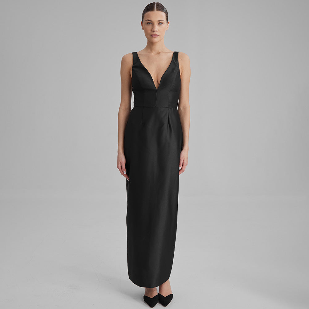 Black column silhouette dress made from Mikado, features V neckline. Perfect for evening or casual party. Explore evening gowns & dresses. Shop now!