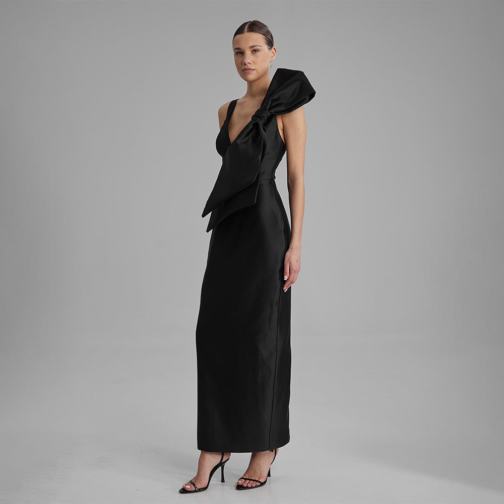 Black column silhouette dress with side bow made from Mikado, features V neckline. Explore evening gowns & dresses for women. Shop now!