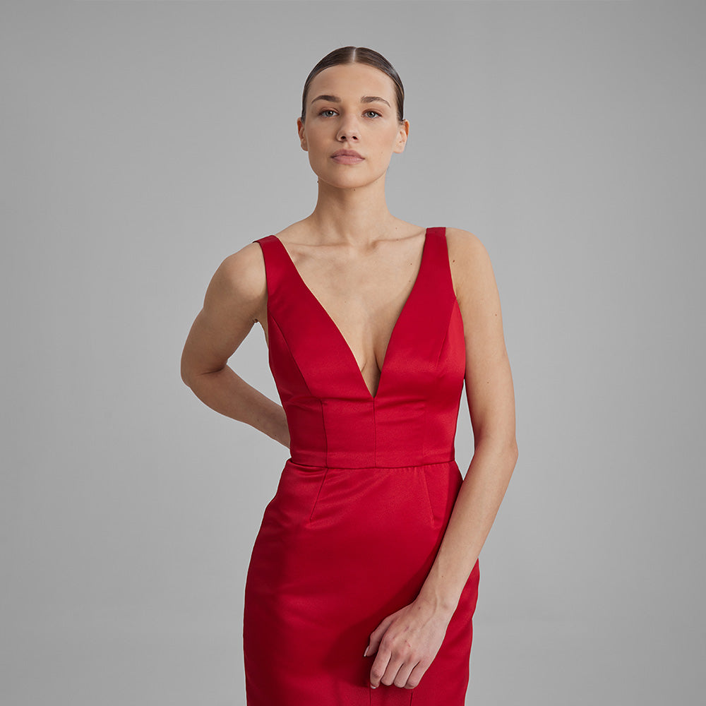 Red column silhouette dress with made from Mikado, features V neckline with adjustable straps. Explore evening gowns & dresses for women. Shop now!