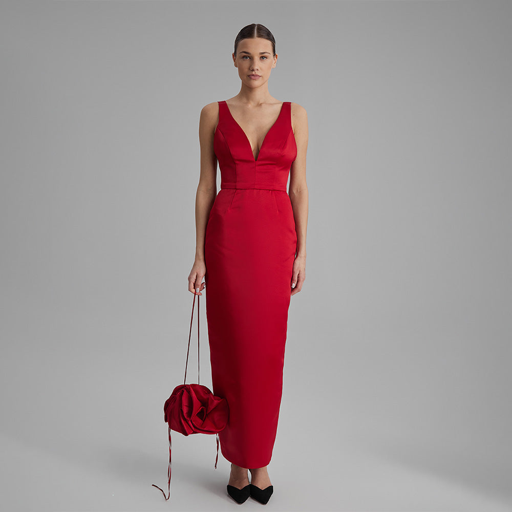 Red column silhouette dress with made from Mikado, features V neckline with adjustable straps. Explore evening gowns & dresses for women. Shop now!