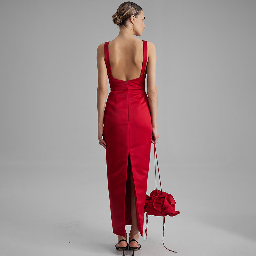 Red column silhouette dress with made from Mikado, features V neckline with adjustable straps. Explore evening gowns & dresses for women. Shop now!