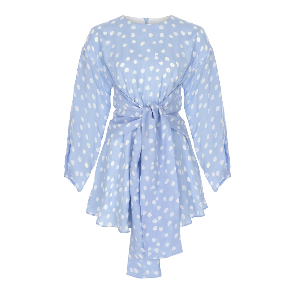 Baby Blue Dotted Belt-Detailed Mini Dress. 100% CUPRO (VEGAN-CERTIFICATED)