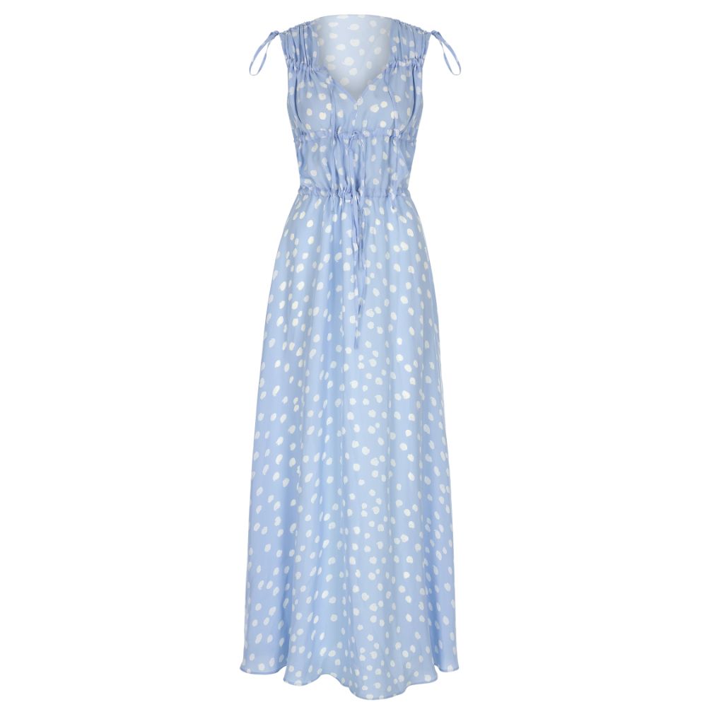 Baby Blue Dotted Tie-Detailed Maxi Dress. 100% CUPRO (VEGAN-CERTIFICATED)