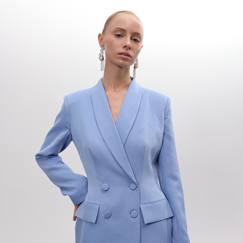 Introducing the Baby blue Hourglass Blazer, featuring sophisticated front buttons and a classic lapel collar.