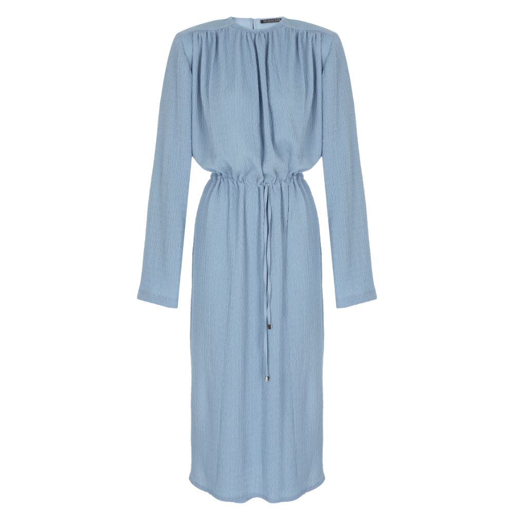 Baby Blue Tie-Detailed Maxi Dress with Shoulder Pad. 99% POLYESTER /1% EA.