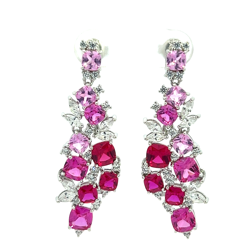 Shop online premium sterling silver ruby and pink sapphire dangle earrings with sparkling CZ stones.