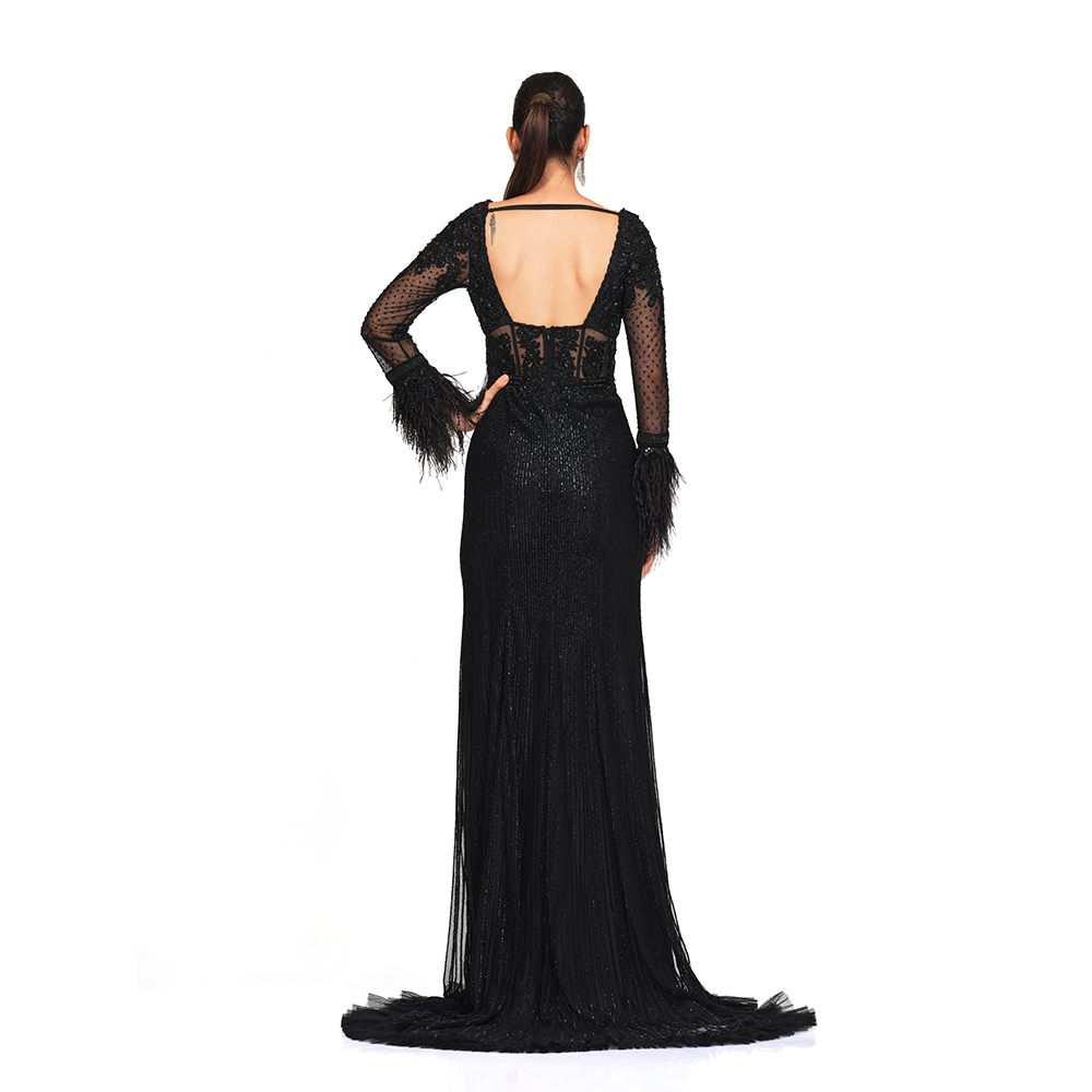 Beaded embroidery l Feather detailing cuff sleeves l. V neck l Deep back l Centre back zip closure