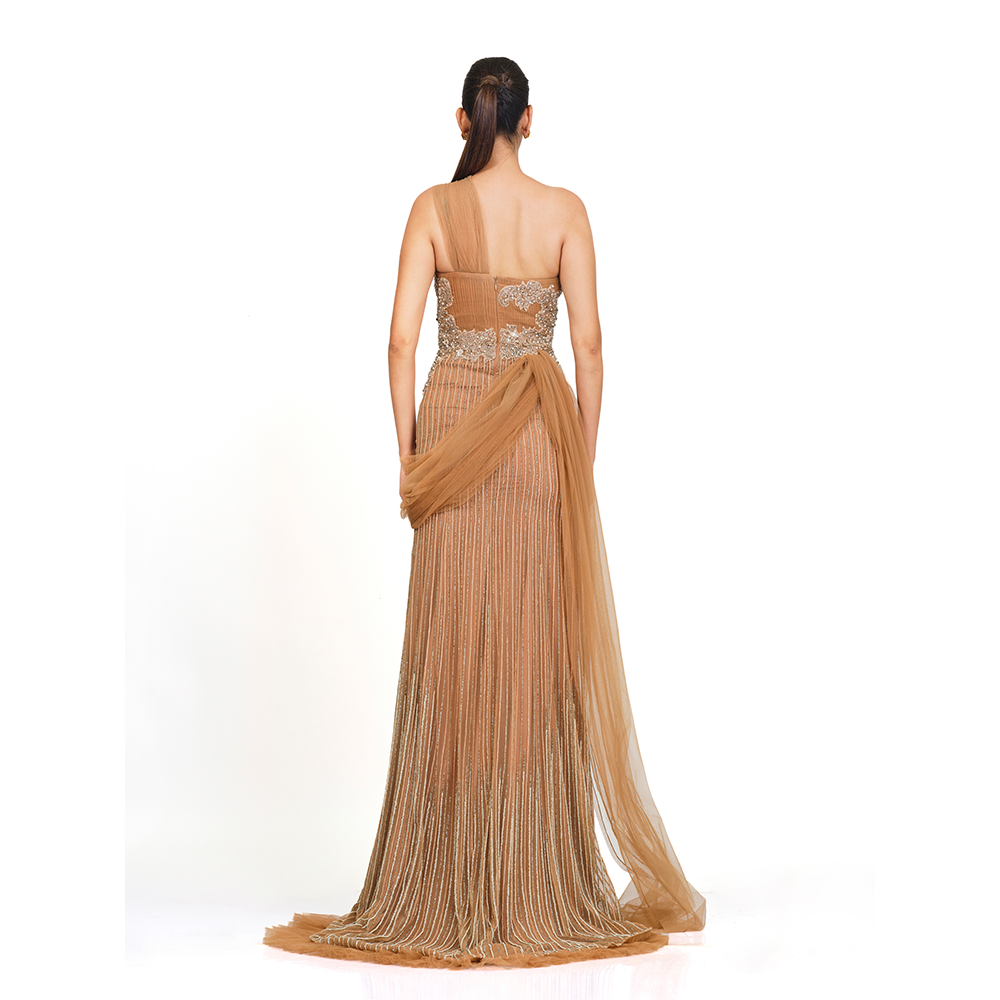 Handcrafted with stone and jewels l Crafted on delicate tulle l Attached jeweled belt l One-sided net drape.