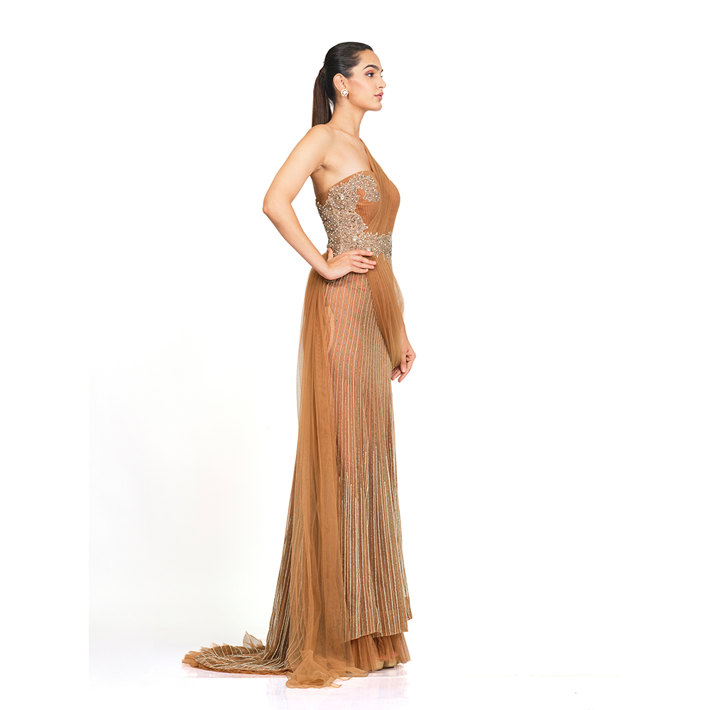 Handcrafted with stone and jewels l Crafted on delicate tulle l Attached jeweled belt l One-sided net drape.