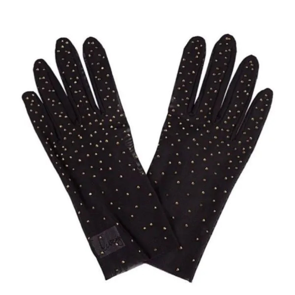 Black gloves from stretch net with scattering of gold crystals. Perfect party wear.