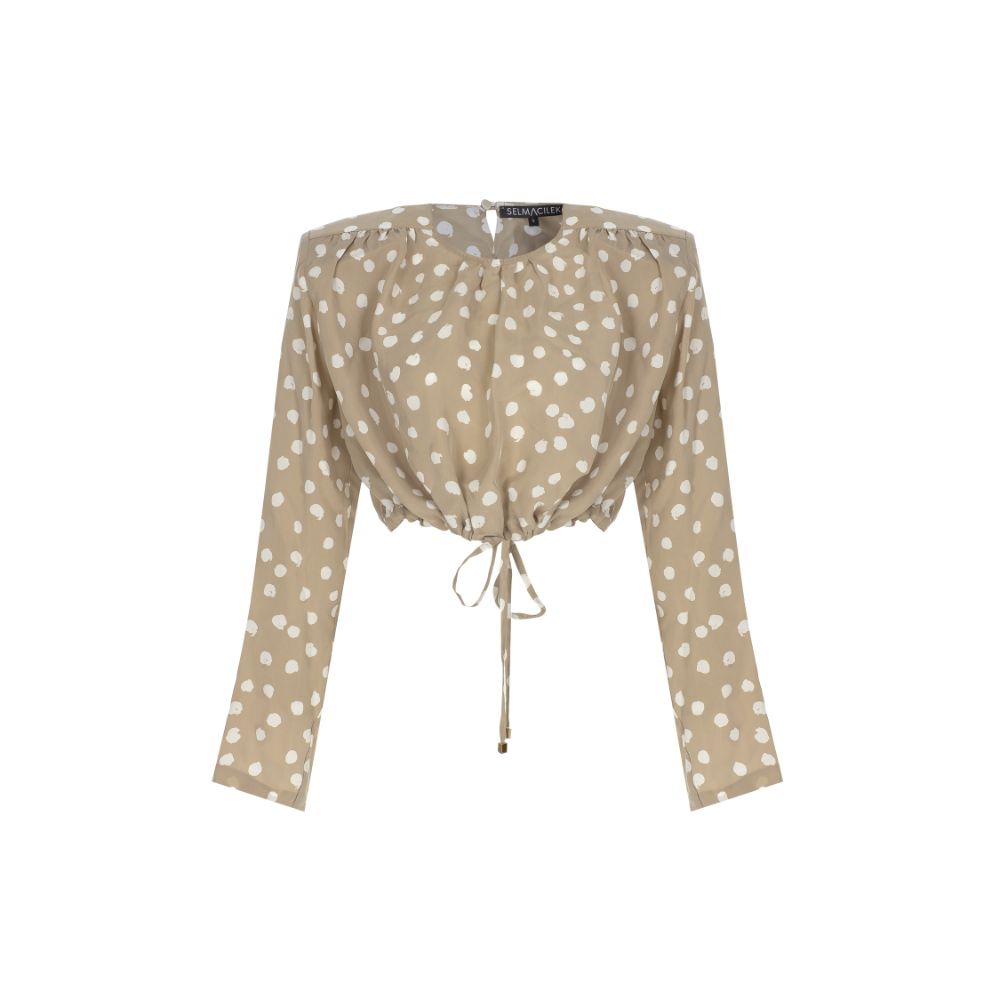 Beige Dotted Crop Blouse with Shoulder Pad.100% CUPRO (VEGAN-CERTIFICATED).