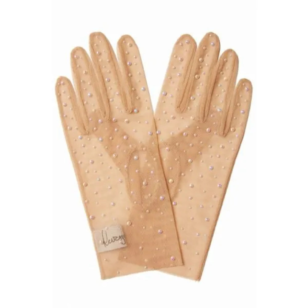 Beige gloves from stretch net with scattering of ceramic pearls.