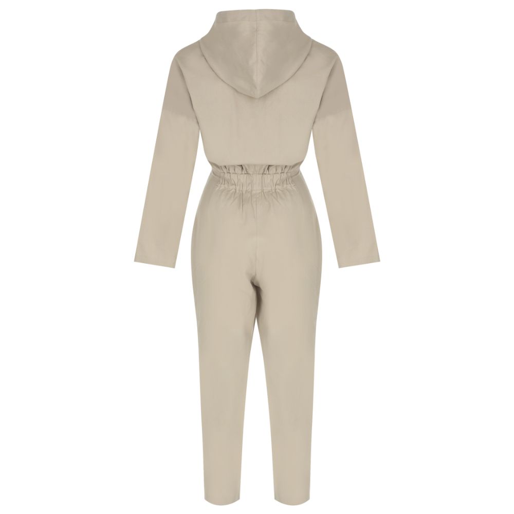 Beige Hooded Canvas Jumpsuit. 97% COTTON /3% EA.