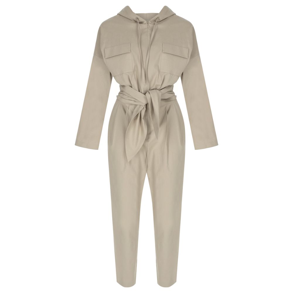 Beige Hooded Canvas Jumpsuit. 97% COTTON /3% EA.