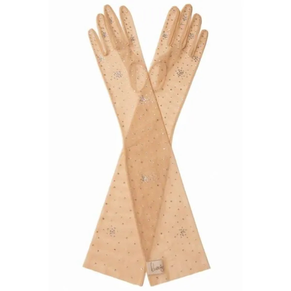 Beige long gloves from stretch net with salute crystals.