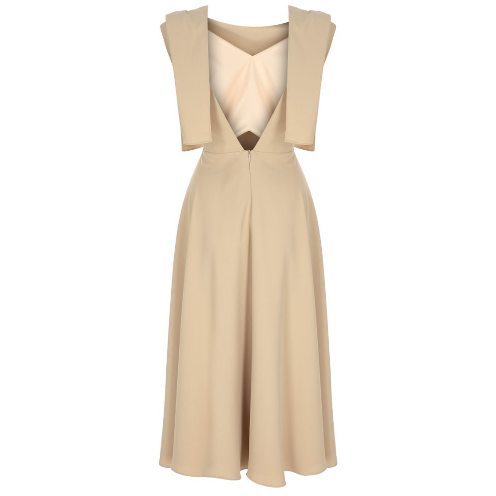 Beige Scarf-Detailed Low-Back Midi Dress. 100% POLYESTER.