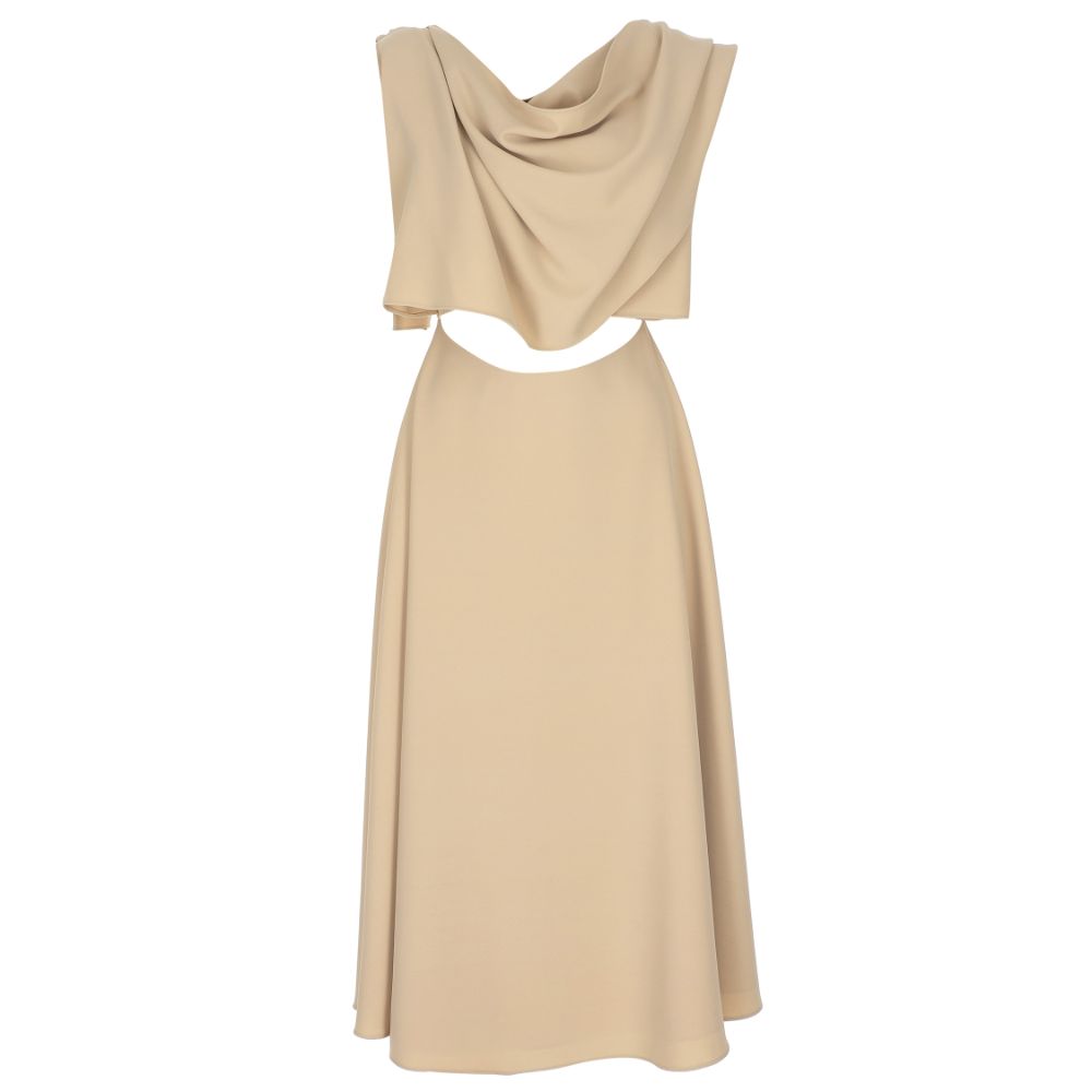 Beige Scarf-Detailed Low-Back Midi Dress. 100% POLYESTER.