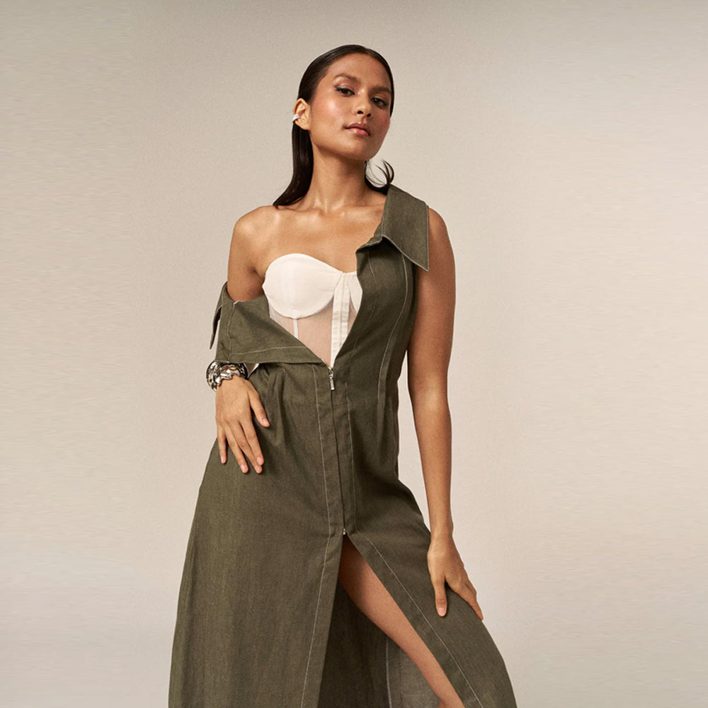 Denim corset dress with metallic zip detail, perfect for brunch and outings. Shop online from our curated edit of premium fashion.