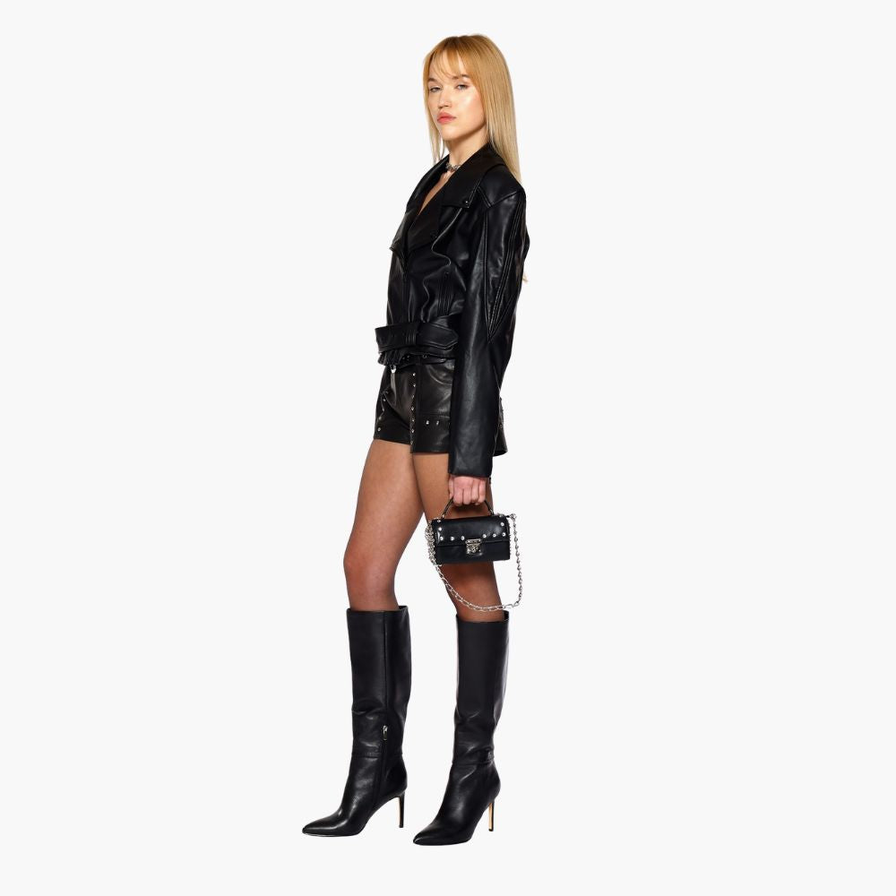 Shop online from our exclusive website. Discover the Biker Leather Jacket in recycled leather with a soft pebble finish, offering lightweight comfort and a bold couture-inspired look.