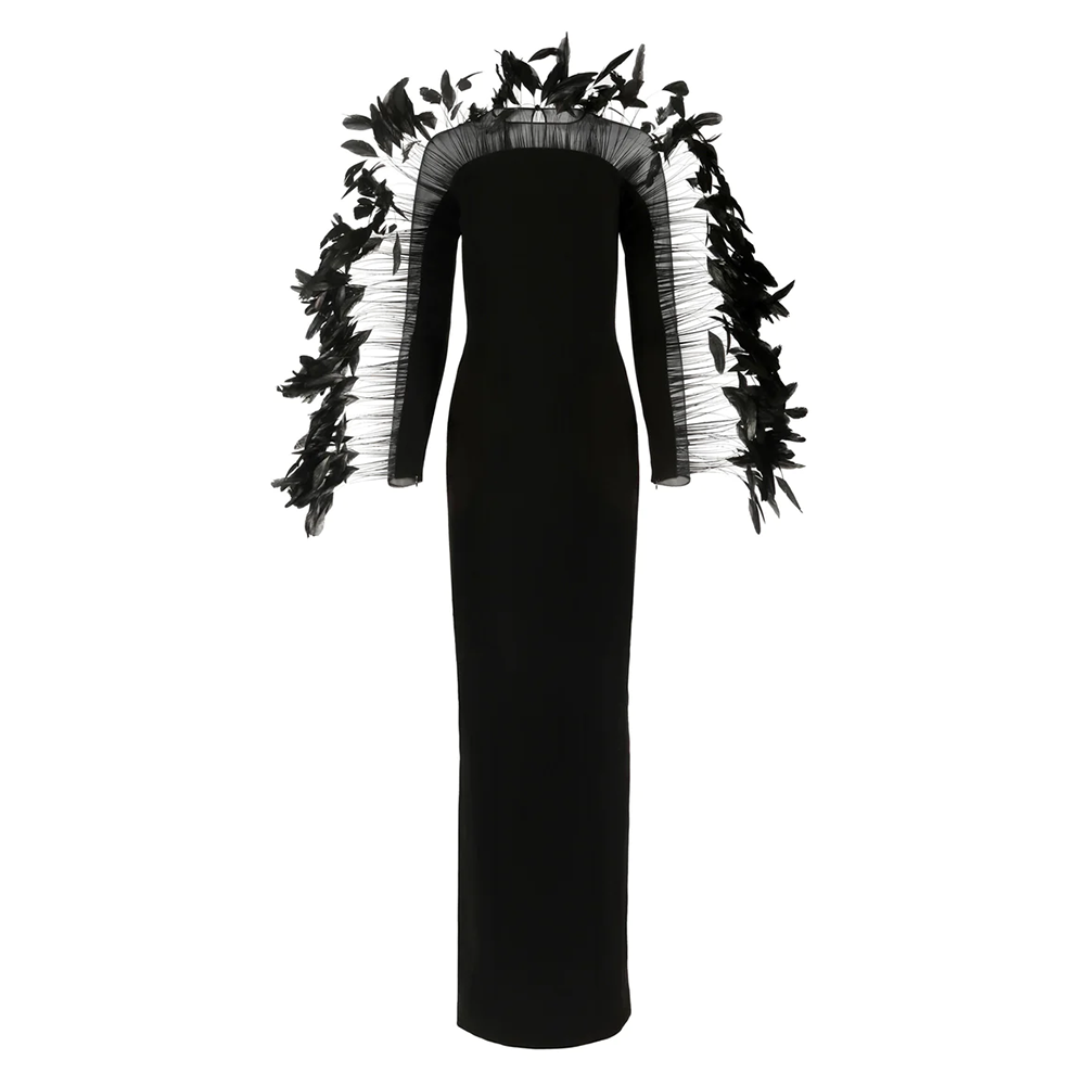 A column dress in back silk crepe featuring coq plumes.