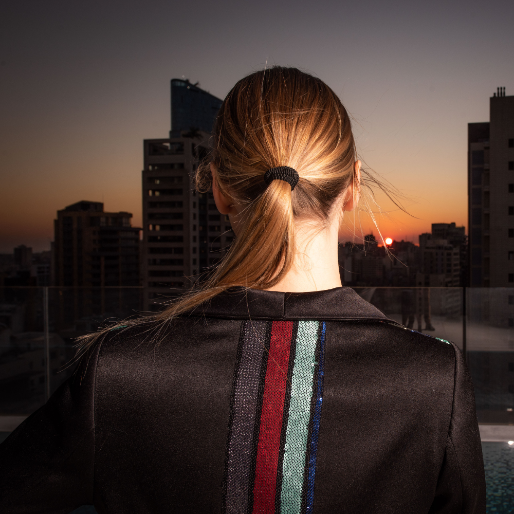 Black crepe Blazer in multi-colored sequins.