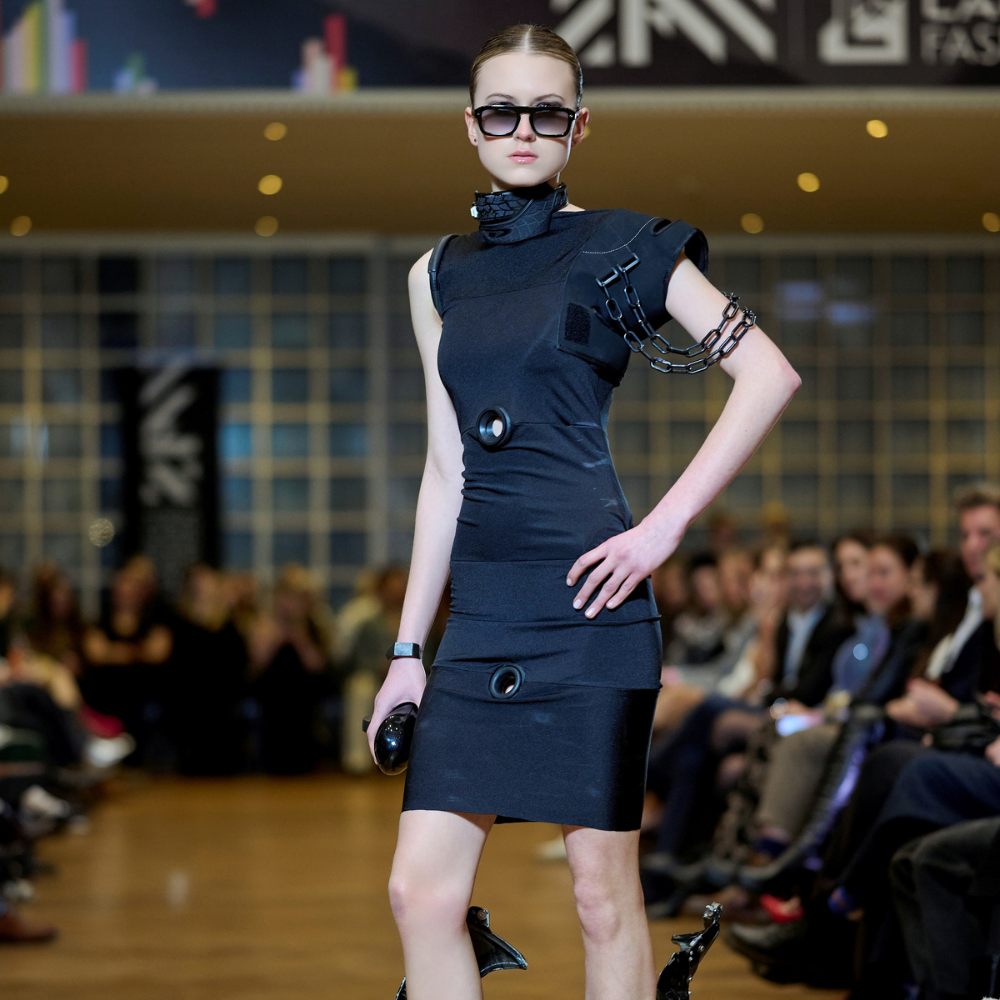 Black Mini Dress with Upcycled Medical Brace