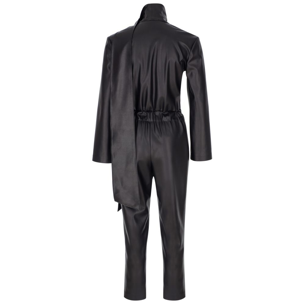 Black Scarf-Detailed Vegan-Leather Jumpsuit. 100% FAUX-LEATHER POLYESTER.