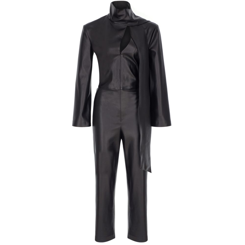 Black Scarf-Detailed Vegan-Leather Jumpsuit. 100% FAUX-LEATHER POLYESTER.