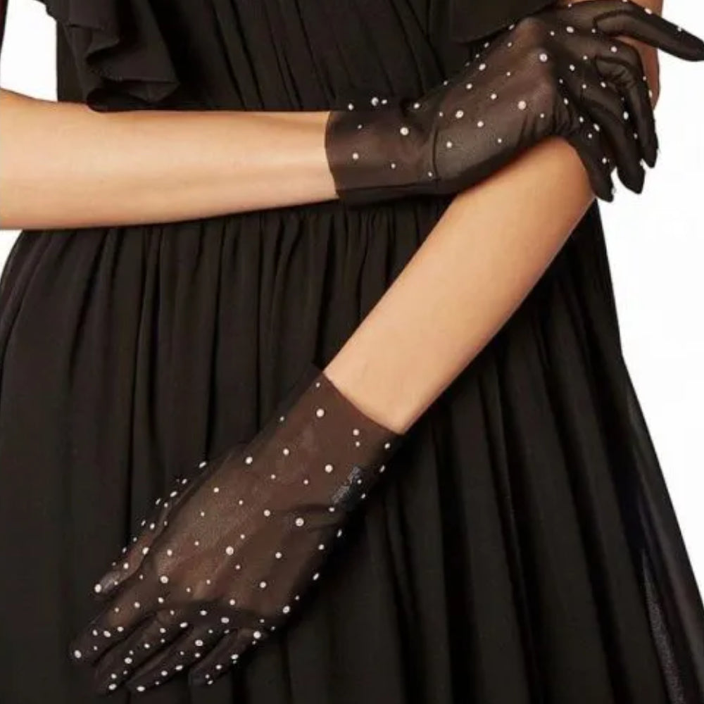 Black gloves from stretch net with scattering of ceramic pearls.