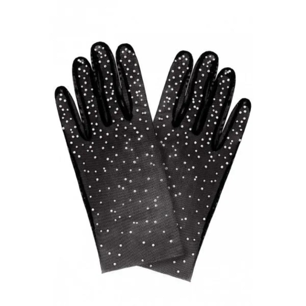 Black gloves from stretch net with scattering crystals of multi color.