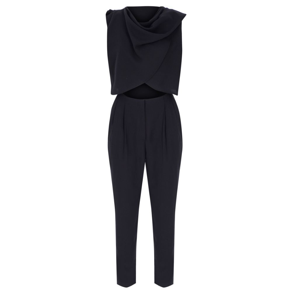 Black Sleeveless Scarf-Detailed Jumpsuit. 100% POLYESTER.