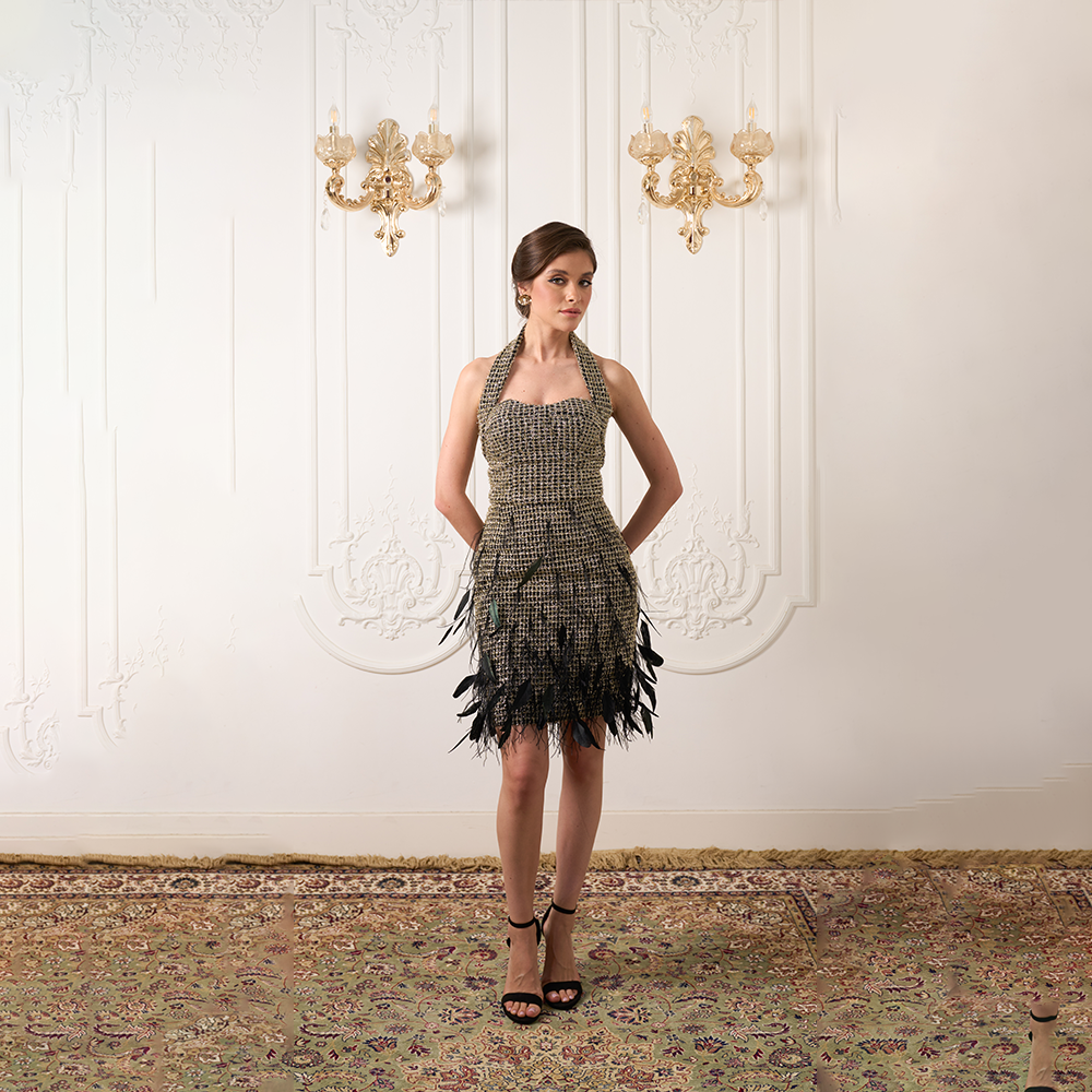 Shop The Luxe Maison's Black Tweed With Metallic Threads Skirt Embellished With Feathers at our women's online dress shop. Shop Now!