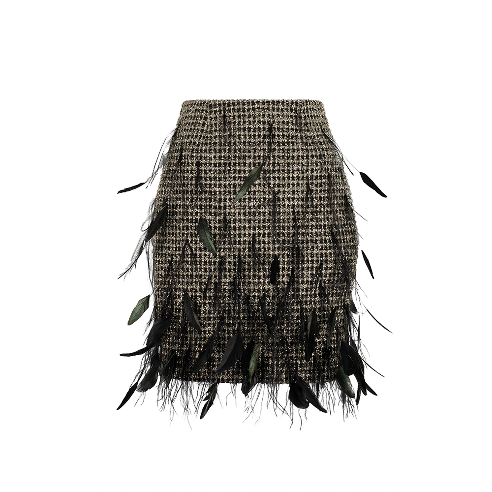 Shop The Luxe Maison's Black Tweed With Metallic Threads Skirt Embellished With Feathers at our women's online dress shop. Shop Now!