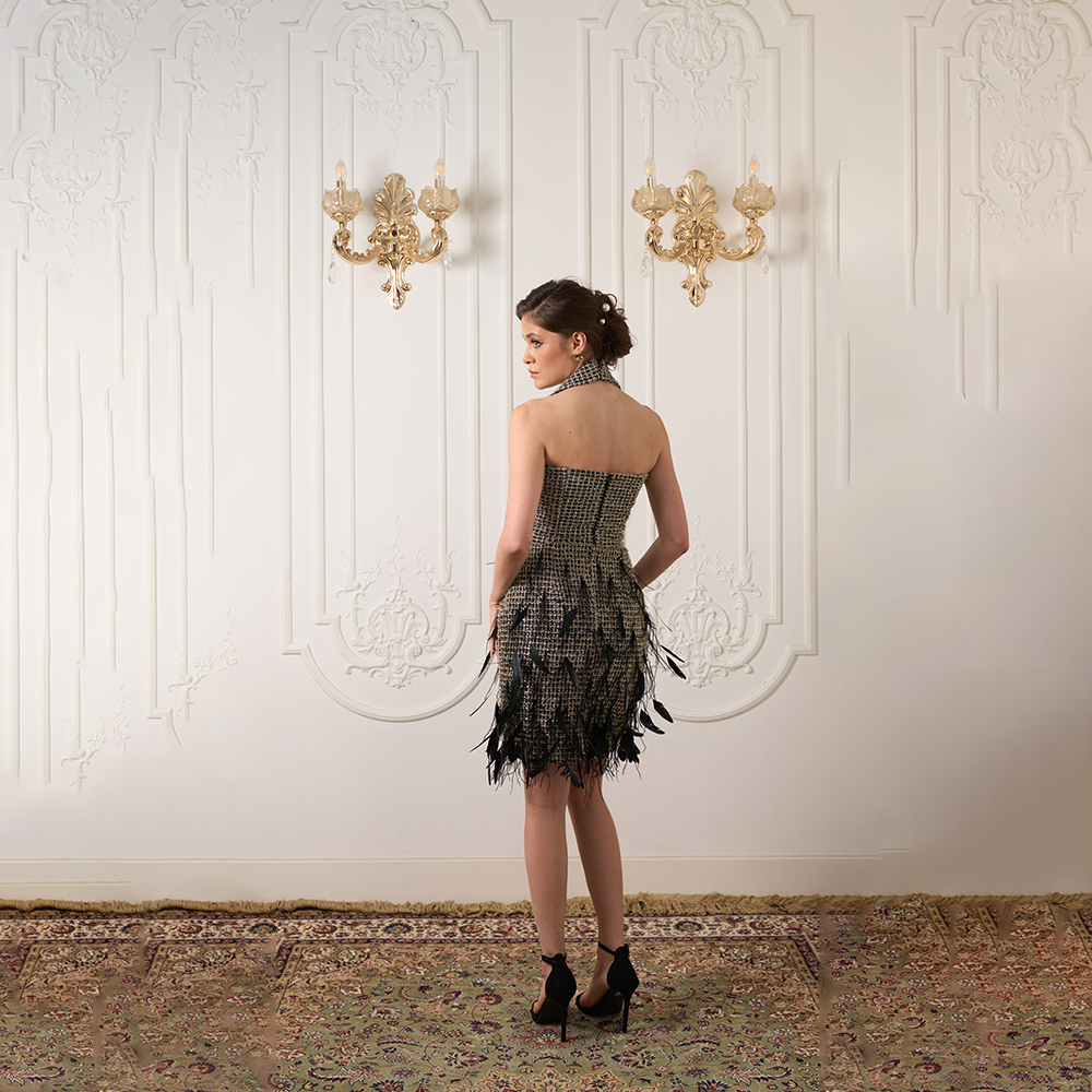 Shop The Luxe Maison's Black Tweed With Metallic Threads Skirt Embellished With Feathers at our women's online dress shop. Shop Now!