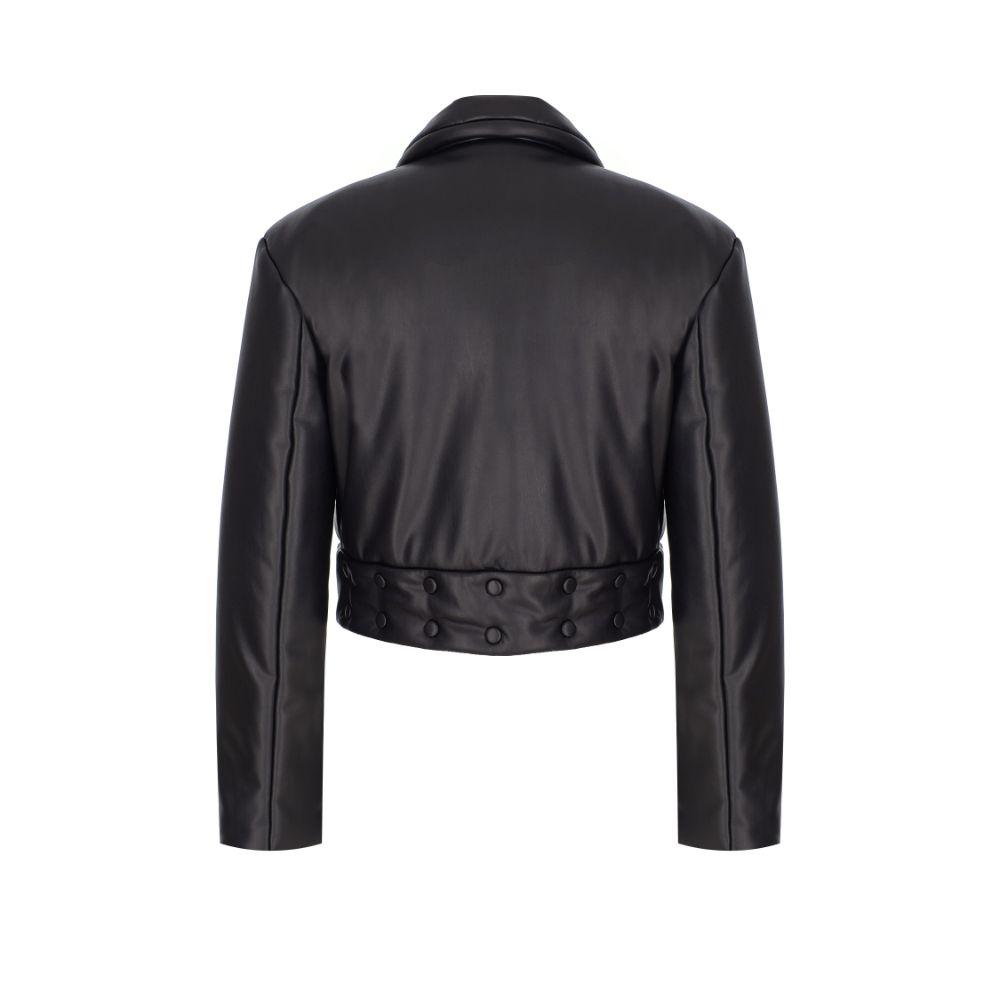 Black Vegan-Leather Belt-Detailed Puffer Coat. 100% FAUX-LEATHER POLYESTER.