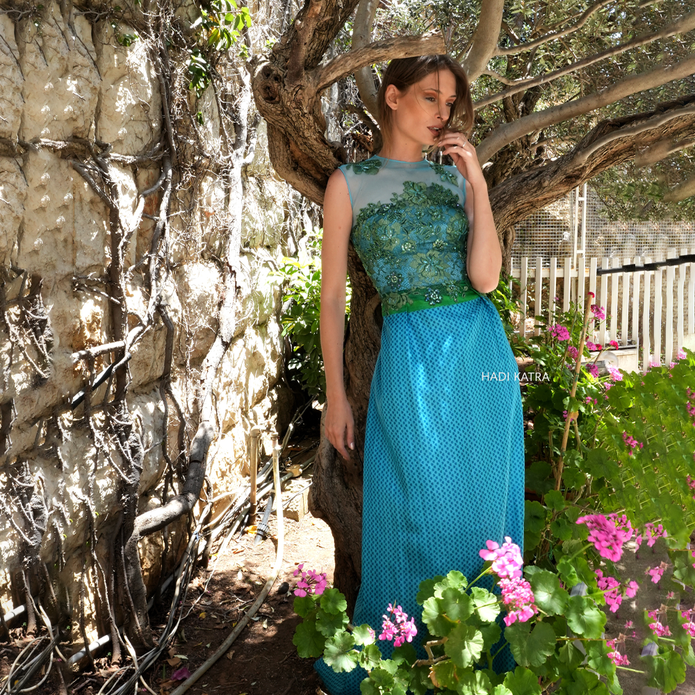 Blue and green embroidered lace bodice with printed silk organza skirt.