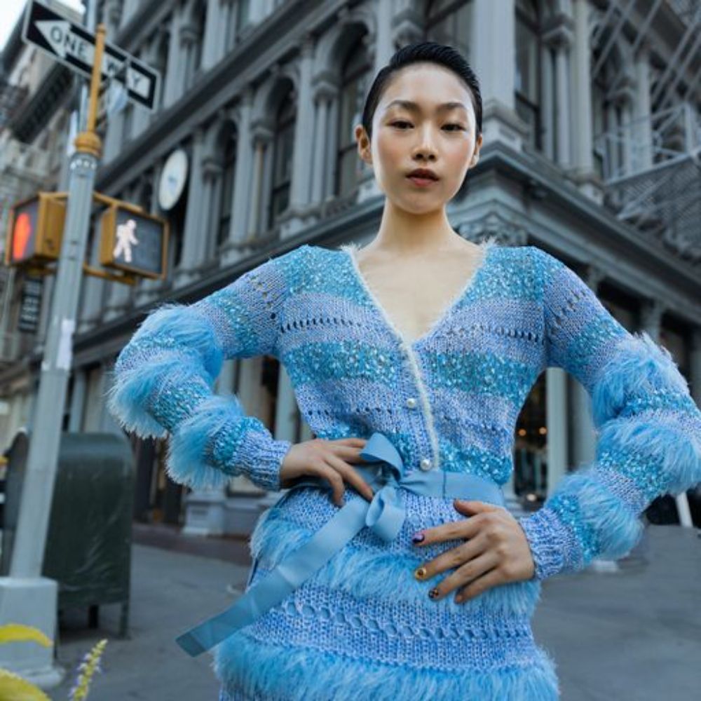 Blue Handmade Knit Skirt has wavy ruffles and looks like a piece of art. 