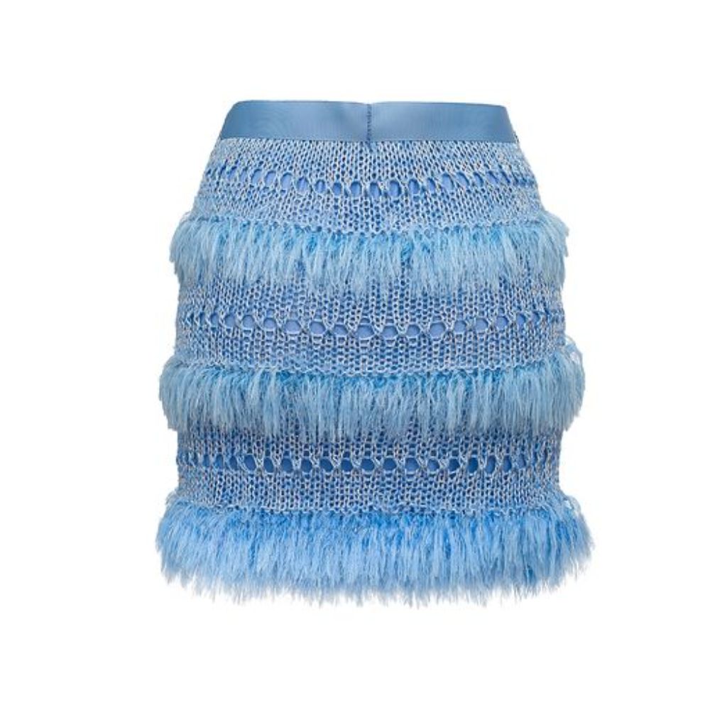 Blue Handmade Knit Skirt has wavy ruffles and looks like a piece of art. 