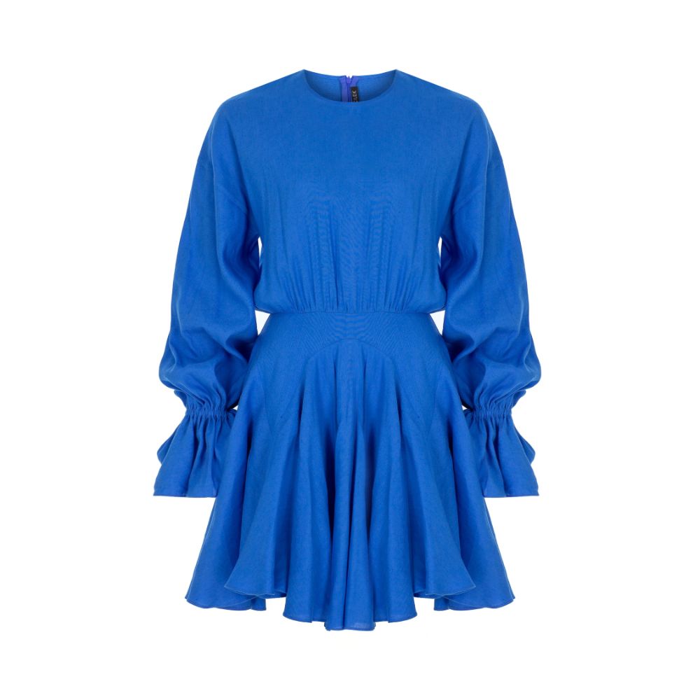 BLUE RUFFLED MINI DRESS 100% Linen